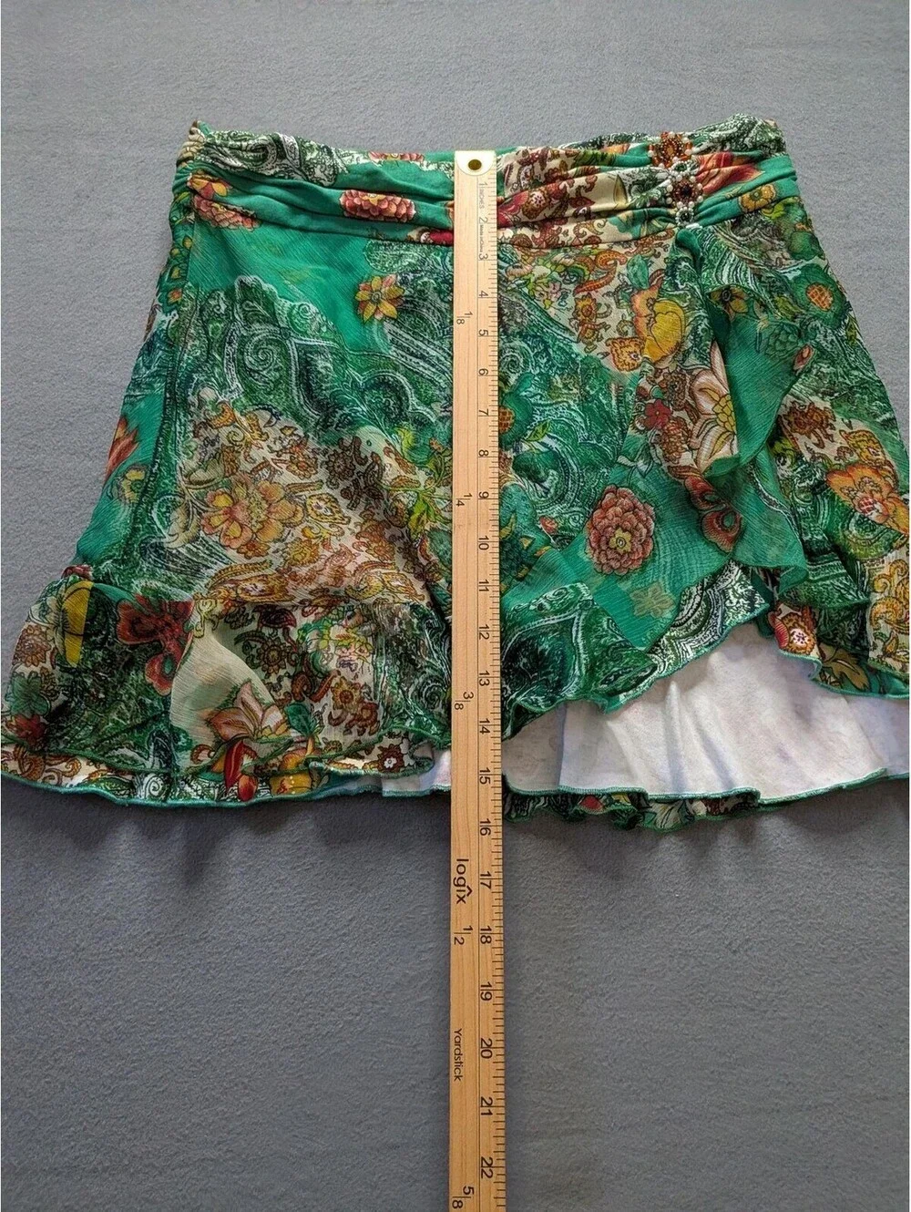 XOXO Skort Juniors M Green Floral Chiffon Ruffle Beaded Lined Mini Summer